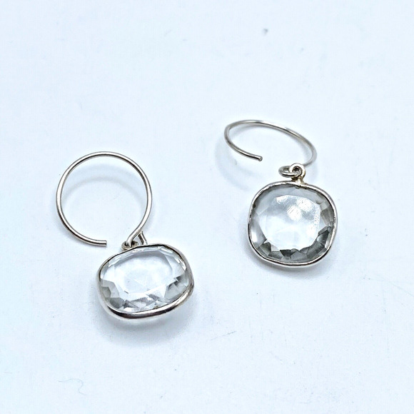 Sterling Silver Clear Faceted Glass Dangle Drop Pierced Earrings Bezel Set 1.25" - Picture 6 of 8